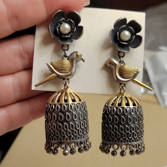 Blossom and Birdcage Earrings, Two Tone, Bold - Picture 3 of 4